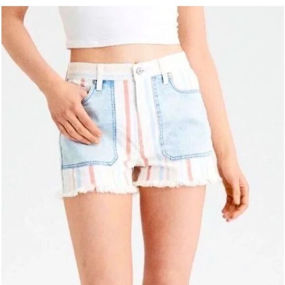 American Eagle Hi-Rise Mom Short in Red White & Blue Stripes Patchwork Denim - Picture 2 of 12
